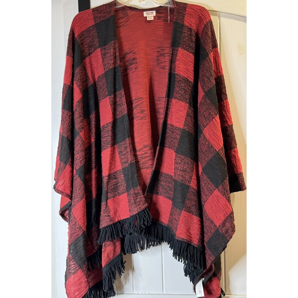 Mossimo Supply Red/Black Plaid Poncho Cardigan Open Cape Fringe Xl One Size